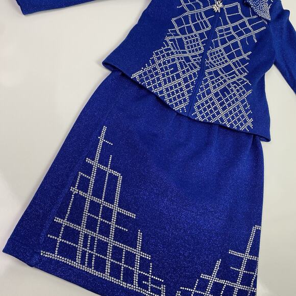 STUNNING rhinestone Donna Vinci Knits Church Skirt Suit 8 Blue Wool Blend Jewels - Picture 5 of 16